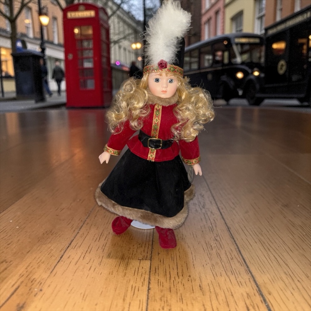 Elegant Red and Black hand painted Porcelain Doll with Gold Trim + Display Stand